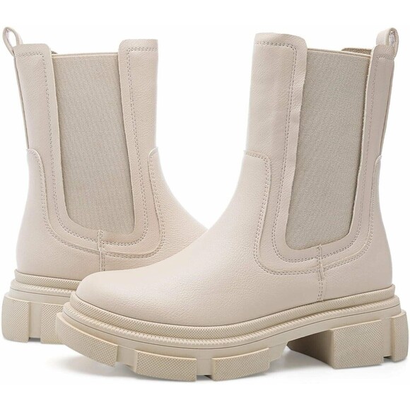 Women Chelsea Booties Chunky Heel Platform Round Toe Elastic Gore Mid Calf Sz 11 - Picture 2 of 4